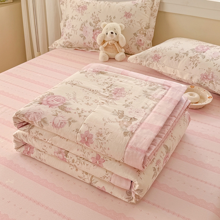 91家纺网 家纺一手货源 找家纺 梦依依 2025新款小清新印花系列里外全棉棉花被夏被四件套 华庭庄园-米