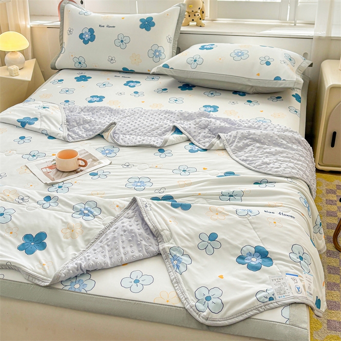 91家纺网 家纺一手货源 找家纺 雯豆2025春夏新款凉感丝夏被空调被子印花A类卡通小清新夏被 冰丝夏被四件套-漫雨