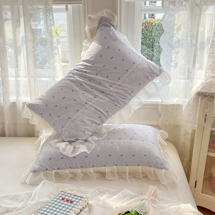 91家纺网 家纺一手货源 找家纺 梦舒羽  2025新款针织棉双层纱花边枕头套双人枕套枕芯套宿舍单人枕头内胆套 花边款-蝴蝶结