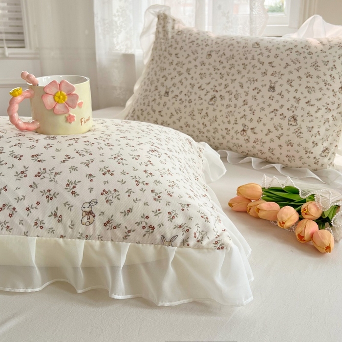 91家纺网 家纺一手货源 找家纺 梦舒羽  2025新款针织棉双层纱花边枕头套双人枕套枕芯套宿舍单人枕头内胆套 花边款-花仙子