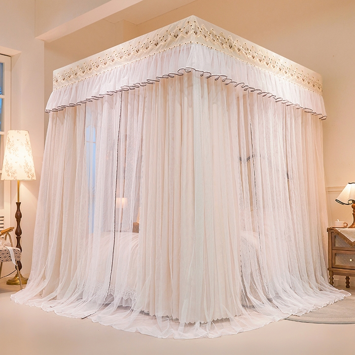 91家纺网 家纺一手货源 找家纺 锦逸家居 2025新款双层遮光防蚊落地蚊帐 奶油米