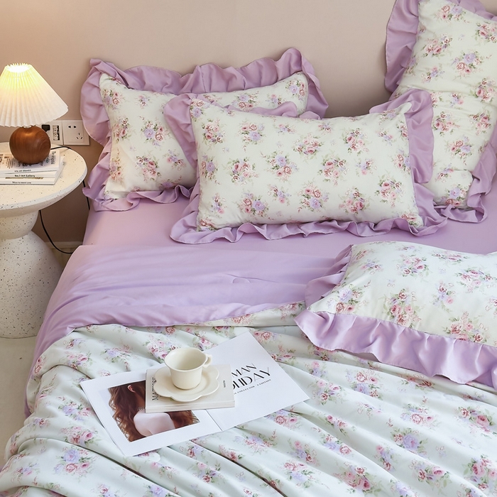 91家纺网 家纺一手货源 找家纺 梦莱斯2025新款针织棉夏被四件套 紫色迷迷