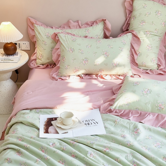 91家纺网 家纺一手货源 找家纺 梦莱斯2025新款针织棉夏被四件套 粉绿色彩