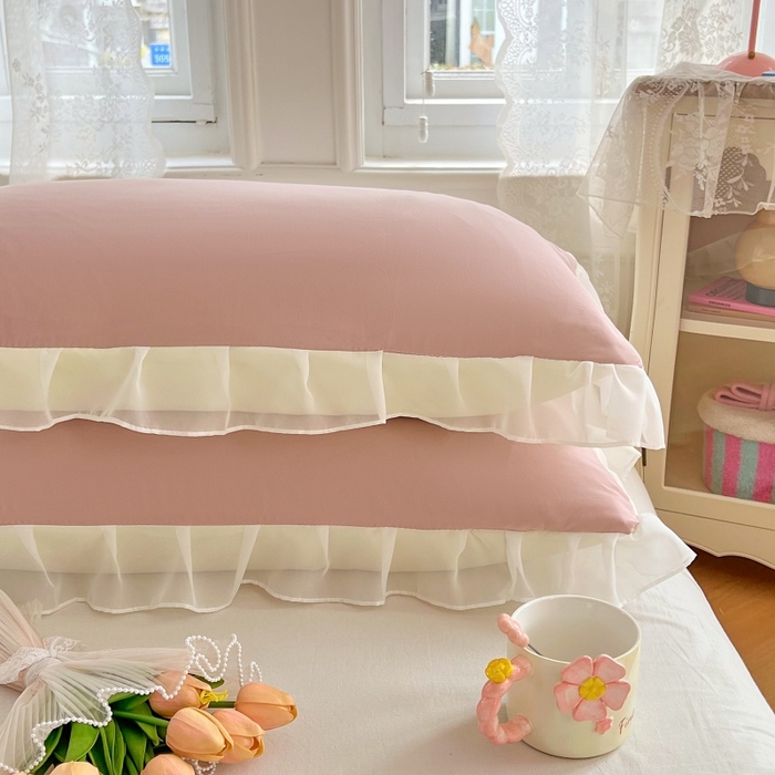 91家纺网 家纺一手货源 找家纺 梦舒羽  2025新款针织棉双层纱花边枕头套双人枕套枕芯套宿舍单人枕头内胆套 花边款-浅粉