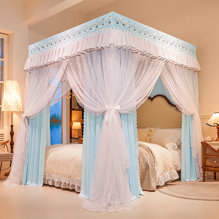 91家纺网 家纺一手货源 找家纺 锦逸家居 2025新款双层遮光防蚊落地蚊帐 清新蓝