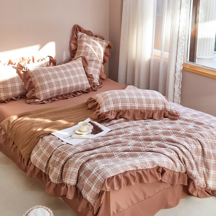 91家纺网 家纺一手货源 找家纺 梦莱斯2025新款针织棉夏被四件套 苏格兰