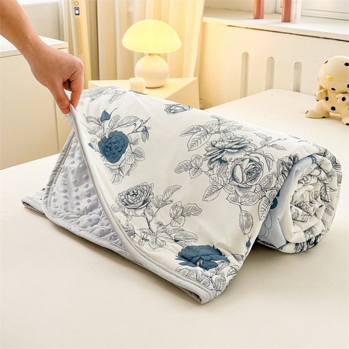 91家纺网 家纺一手货源 找家纺 雯豆2025春夏新款凉感丝夏被空调被子印花A类卡通小清新夏被 冰丝夏被四件套-诗韵