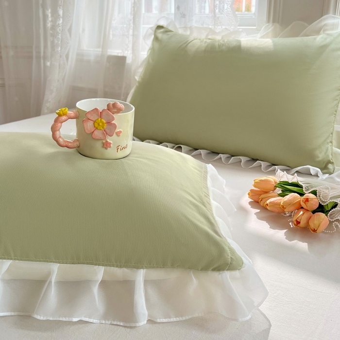 91家纺网 家纺一手货源 找家纺 梦舒羽  2025新款针织棉双层纱花边枕头套双人枕套枕芯套宿舍单人枕头内胆套 花边款-豆绿