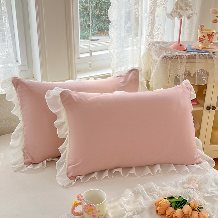91家纺网 家纺一手货源 找家纺 梦舒羽  2025新款针织棉双层纱花边枕头套双人枕套枕芯套宿舍单人枕头内胆套 花边款-浅粉