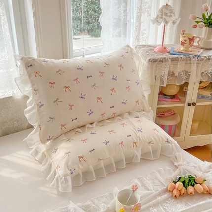 圣比熊 2025新款针织棉双层纱花边枕头套双人枕套枕芯套宿舍单人枕头内胆套 花边款-彩色心情