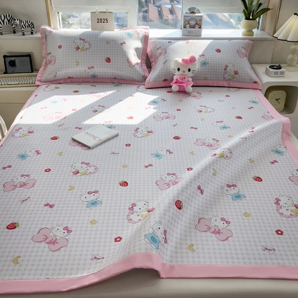 91家纺网 家纺一手货源 找家纺 丝羽坊 2025新款小版印花冰丝凉席平铺床席款冰丝席碳光冰丝凉席 快乐猫咪