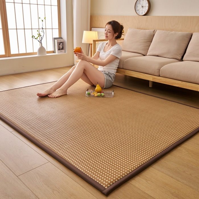 91家纺网 家纺一手货源 找家纺 艺博床垫 2025新款竹藤席地垫 玉米格-咖