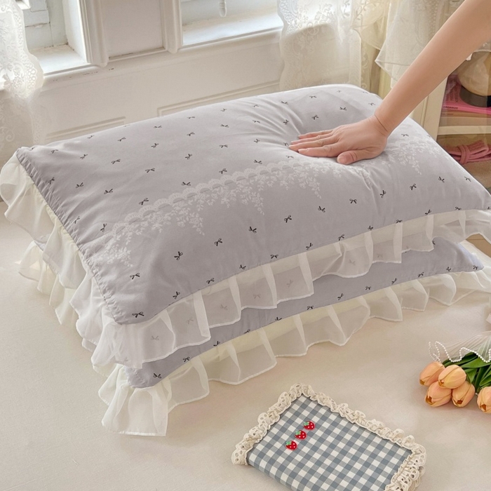 91家纺网 家纺一手货源 找家纺 梦舒羽  2025新款针织棉双层纱花边枕头套双人枕套枕芯套宿舍单人枕头内胆套 花边款-蝴蝶结