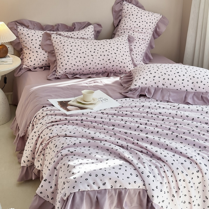 91家纺网 家纺一手货源 找家纺 梦莱斯2025新款针织棉夏被四件套 粉点豹纹