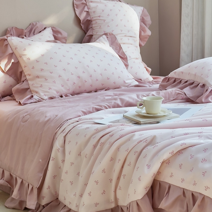 91家纺网 家纺一手货源 找家纺 梦莱斯2025新款针织棉夏被四件套 小蝴蝶结