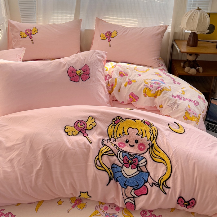 91家纺网 家纺一手货源 找家纺 罗亿家纺 2025新款云朵棉可爱毛巾绣系列四件套 美少女战士