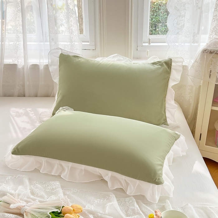 91家纺网 家纺一手货源 找家纺 梦舒羽  2025新款针织棉双层纱花边枕头套双人枕套枕芯套宿舍单人枕头内胆套 花边款-豆绿