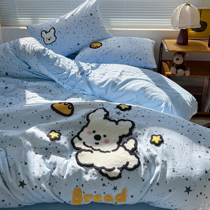 91家纺网 家纺一手货源 找家纺 罗亿家纺 2025新款云朵棉可爱毛巾绣系列四件套 星空线条狗