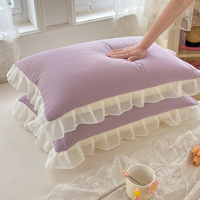 91家纺网 家纺一手货源 找家纺 梦舒羽  2025新款针织棉双层纱花边枕头套双人枕套枕芯套宿舍单人枕头内胆套 花边款-香芋紫