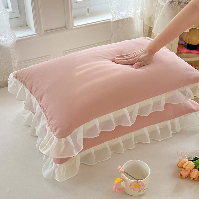 91家纺网 家纺一手货源 找家纺 梦舒羽  2025新款针织棉双层纱花边枕头套双人枕套枕芯套宿舍单人枕头内胆套 花边款-浅粉