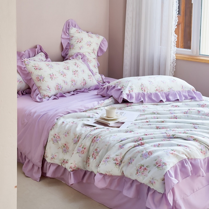 91家纺网 家纺一手货源 找家纺 梦莱斯2025新款针织棉夏被四件套 紫色迷迷