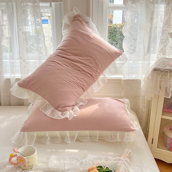 91家纺网 家纺一手货源 找家纺 梦舒羽  2025新款针织棉双层纱花边枕头套双人枕套枕芯套宿舍单人枕头内胆套 花边款-浅粉