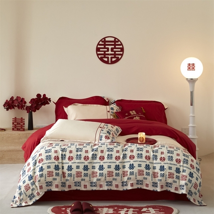 91家纺网 家纺一手货源 找家纺 （总）床绮 2025新款百喜印花婚庆四件套-风格二