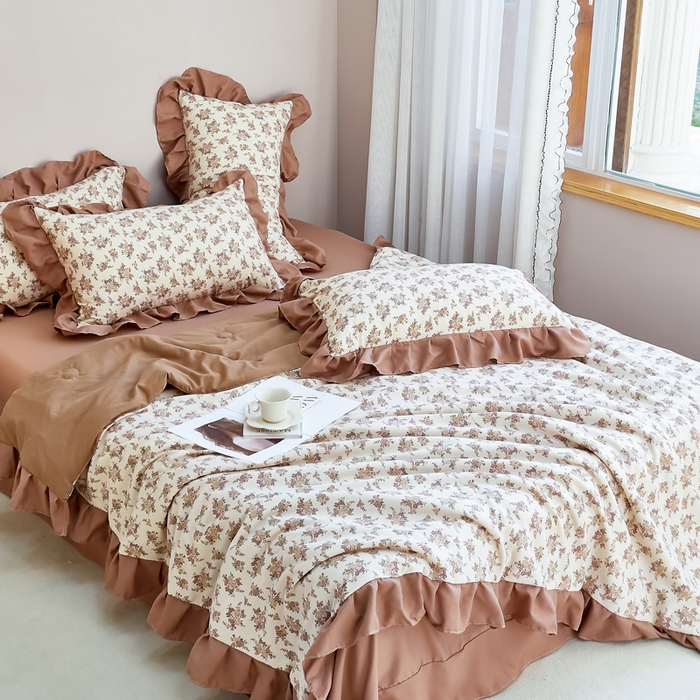 91家纺网 家纺一手货源 找家纺 梦莱斯2025新款针织棉夏被四件套 枫叶小镇