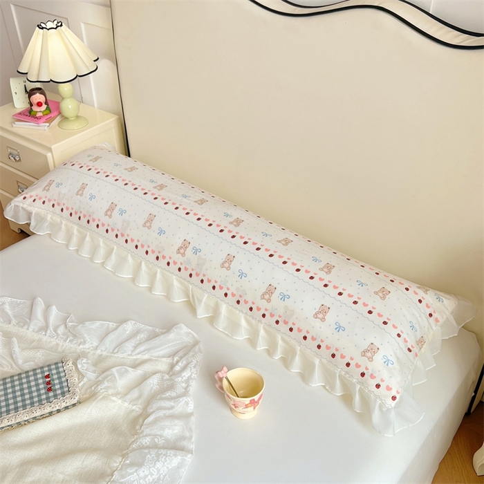 91家纺网 家纺一手货源 找家纺 梦舒羽2025新款针织棉双层纱花边枕头套情侣双人枕套枕芯套枕头内胆套 花边款-草莓熊宝