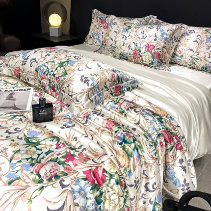 91家纺网 家纺一手货源 找家纺 黄鹂鸟 2025新款高端轻奢丝滑裸睡丝绸数码印花水洗真丝天丝四件套系列 -风格四 金枝玉叶-白