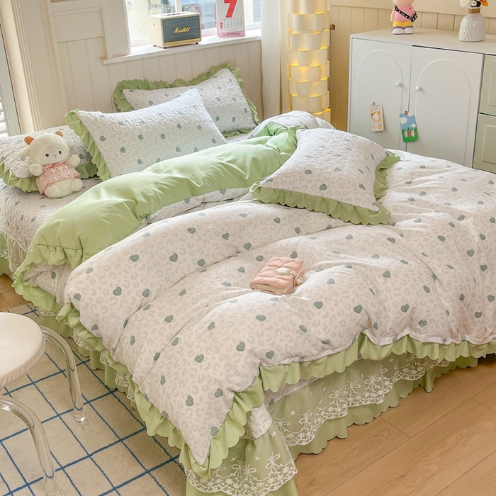 91家纺网 家纺一手货源 找家纺 雅眠居 2025爆款针织棉双层纱印花床盖四件套 爱心绿