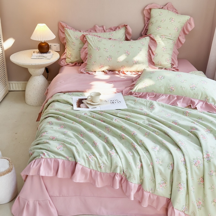 91家纺网 家纺一手货源 找家纺 梦莱斯2025新款针织棉夏被四件套 粉绿色彩