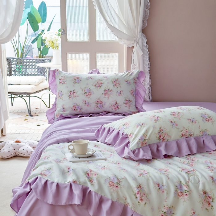 91家纺网 家纺一手货源 找家纺 梦莱斯2025新款针织棉夏被四件套 紫色迷迷