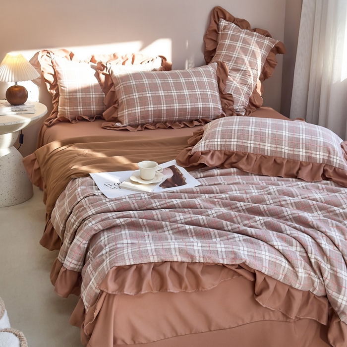 91家纺网 家纺一手货源 找家纺 梦莱斯2025新款针织棉夏被四件套 苏格兰