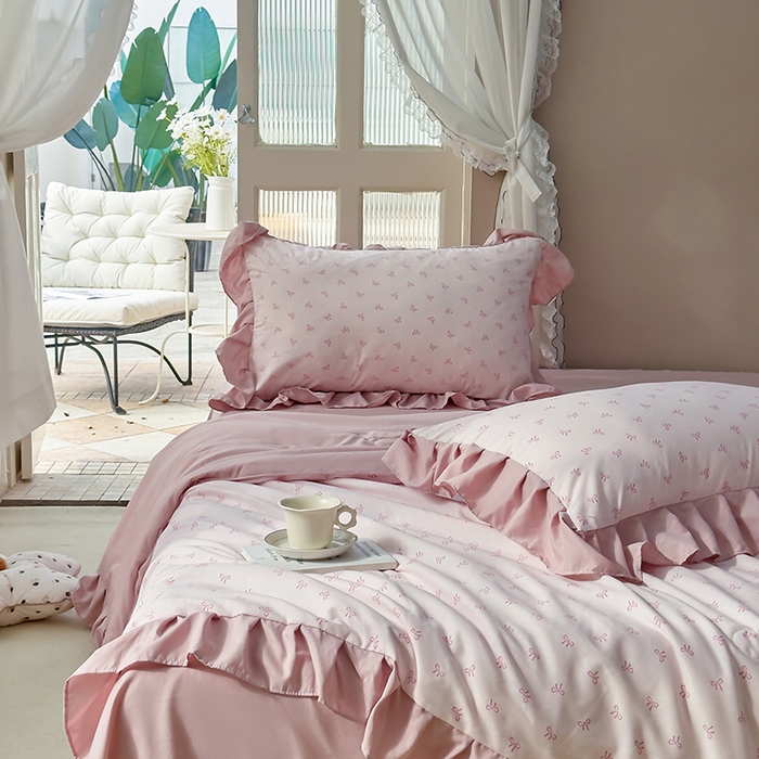 91家纺网 家纺一手货源 找家纺 梦莱斯2025新款针织棉夏被四件套 小蝴蝶结