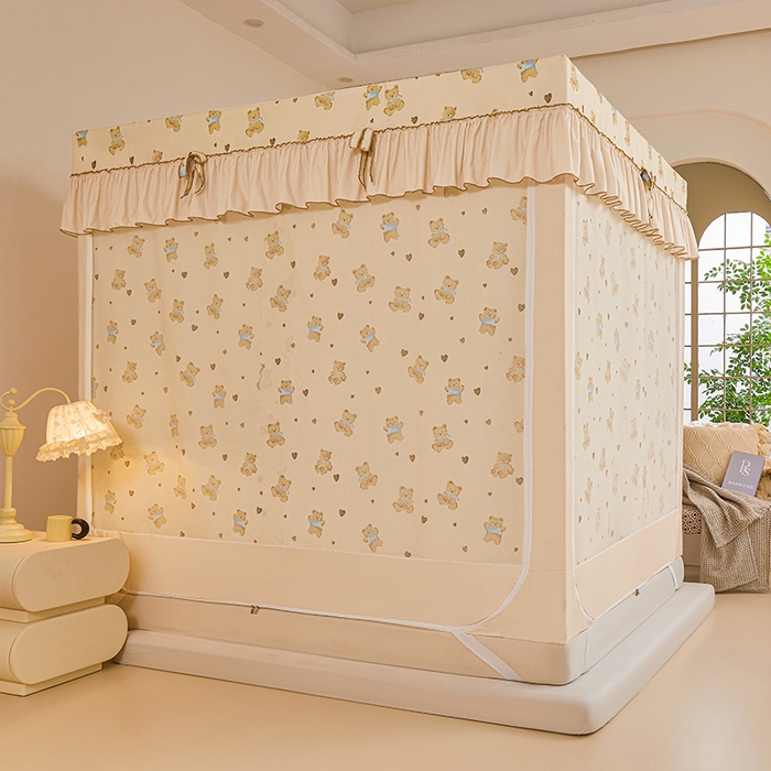 91家纺网 家纺一手货源 找家纺 锦逸家居 2025新款花边防摔坐床蚊帐 抱抱熊（带遮光帘）
