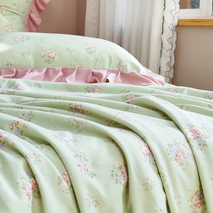 91家纺网 家纺一手货源 找家纺 梦莱斯2025新款针织棉夏被四件套 粉绿色彩