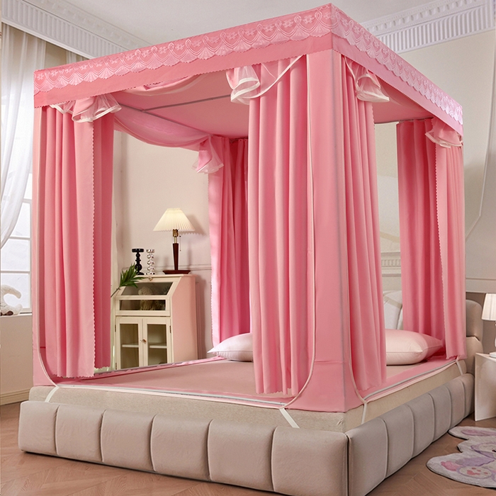 91家纺网 家纺一手货源 找家纺 显高蚊帐 2025新款U型坐床遮光防尘床帘式蚊帐 樱花粉