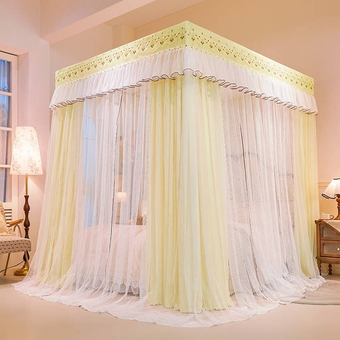 91家纺网 家纺一手货源 找家纺 锦逸家居 2025新款双层遮光防蚊落地蚊帐 鹅黄色