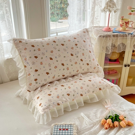 梦舒羽  2025新款针织棉双层纱花边枕头套双人枕套枕芯套宿舍单人枕头内胆套 花边款-蛋糕萌犬