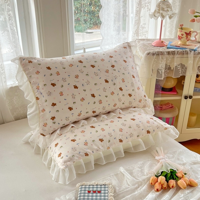 91家纺网 家纺一手货源 找家纺 梦舒羽  2025新款针织棉双层纱花边枕头套双人枕套枕芯套宿舍单人枕头内胆套 花边款-蛋糕萌犬