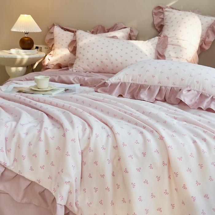 91家纺网 家纺一手货源 找家纺 梦莱斯2025新款针织棉夏被四件套 小蝴蝶结