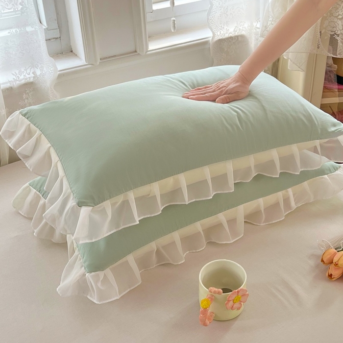 91家纺网 家纺一手货源 找家纺 梦舒羽  2025新款针织棉双层纱花边枕头套双人枕套枕芯套宿舍单人枕头内胆套 花边款-浅清绿