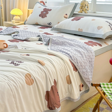 雯豆2025春夏新款凉感丝夏被空调被子印花A类卡通小清新夏被 冰丝夏被四件套-跳跳熊