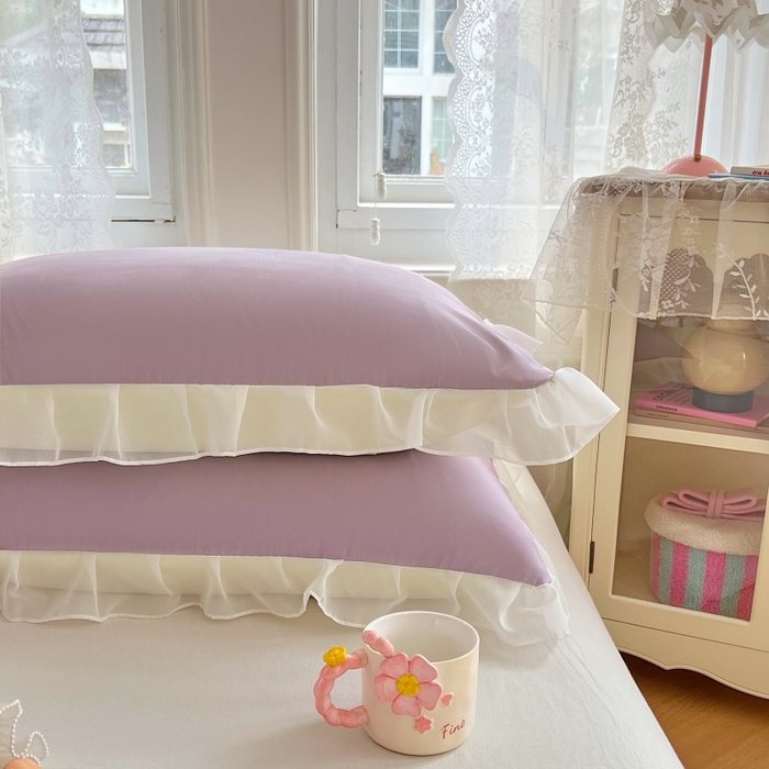 91家纺网 家纺一手货源 找家纺 梦舒羽  2025新款针织棉双层纱花边枕头套双人枕套枕芯套宿舍单人枕头内胆套 花边款-香芋紫