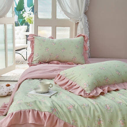 91家纺网 家纺一手货源 找家纺 梦莱斯2025新款针织棉夏被四件套 粉绿色彩