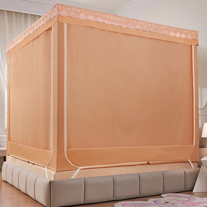 91家纺网 家纺一手货源 找家纺 显高蚊帐 2025新款U型坐床遮光防尘床帘式蚊帐 温馨黄