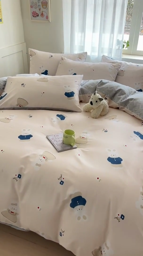 91家纺网 家纺一手货源 找家纺  本制 2025新款12868全棉印花四件套 起司兔-粉