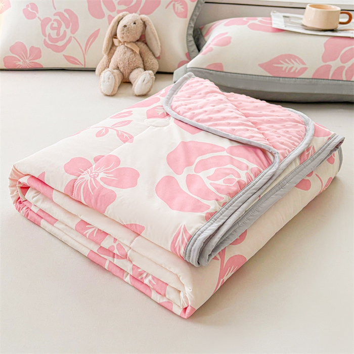 91家纺网 家纺一手货源 找家纺 雯豆2025春夏新款凉感丝夏被空调被子印花A类卡通小清新夏被 冰丝夏被四件套-温语