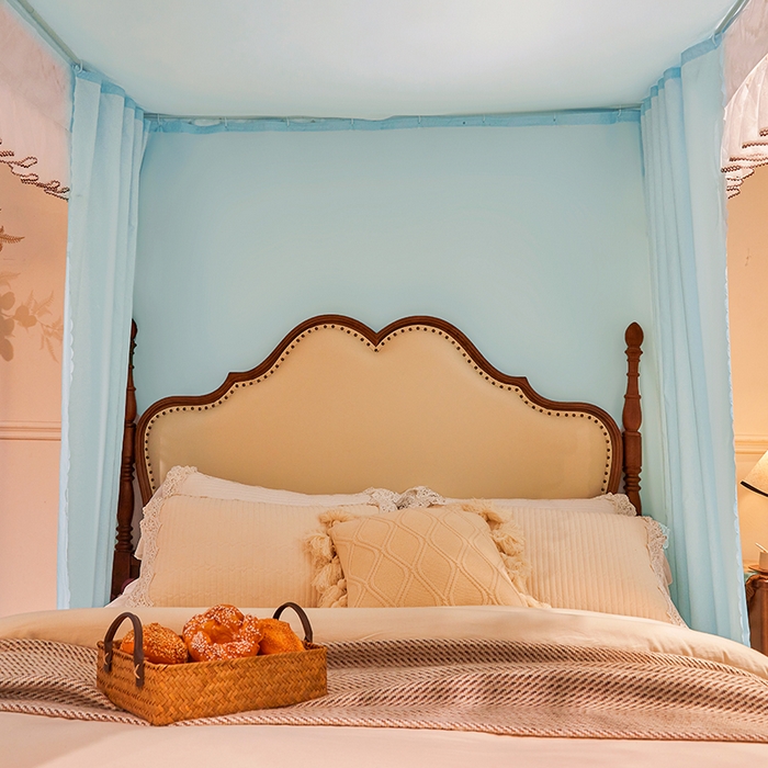 91家纺网 家纺一手货源 找家纺 锦逸家居 2025新款双层遮光防蚊落地蚊帐 清新蓝